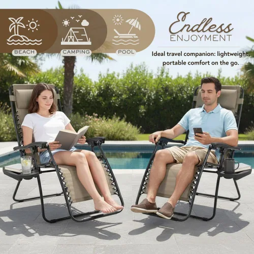 Miniatura 3 de Sillón ajustable de gravedad cero con tela de malla de acero: silla de césped reclinable con almohada cómoda, bandeja portavasos, y posiciones Beige