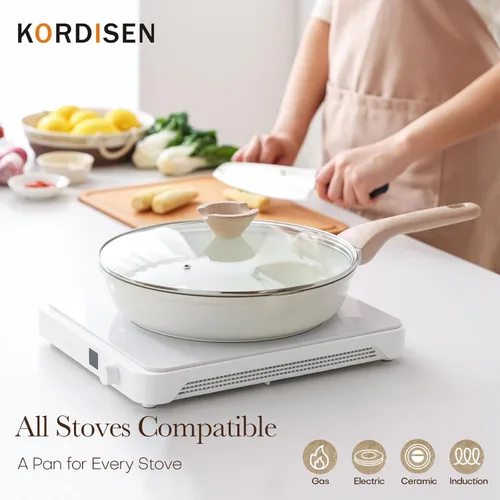 Miniatura 5 de Kordisen Juego de sartenes antiadherentes de cerámica con tapa, 3 sartenes de cerámica para cocinar no tóxicas, utensilios de cocina de inducción