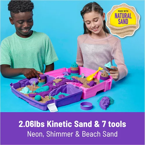 Miniatura 2 de Kinetic Sand, Juego de palacio de sirena con caja de arena plegable de 0,93 kg de arena de juego (morado neón, verde azulado brillante y playa)