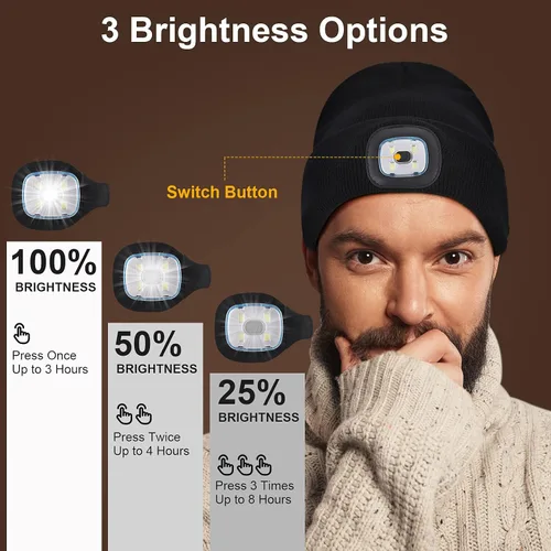 Miniatura 5 de SUNPRO Gorro LED con luz, gorro de punto iluminado, gorra recargable, regalos cálidos de invierno para hombres, mujeres, perros, caminar, acampar