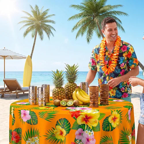 Miniatura 5 de Oudain Mantel hawaiano de 3 piezas de 84 pulgadas con hojas de palmera tropicales, flores redondas, de plástico, desechable, circular, impermeable