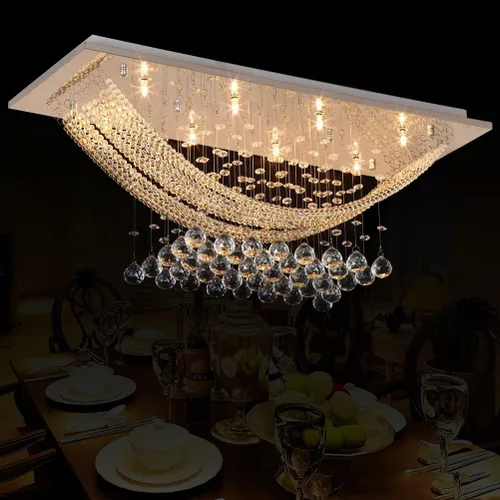 Miniatura 12 de Araña moderna de onda, araña rectangular de cristal con gotas de lluvia, montaje empotrado, lámpara colgante de techo cromada, ideal para comedor