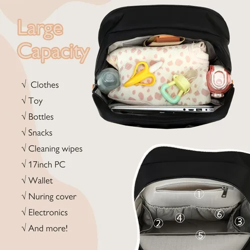Miniatura 5 de LORADI Mochila grande para pañales de 18 bolsillos, artículos esenciales para baby shower Clips para cochecito, funda de equipaje para viajes, 4