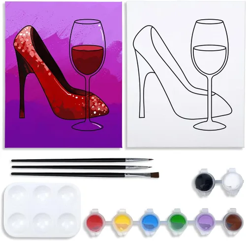 Miniatura 6 de VOCHIC Kit de pintura de lienzo predibujado para adultos para pintura, kit de fiesta, pintura y sorbo, suministros de fiesta, lienzo de 8 x 10