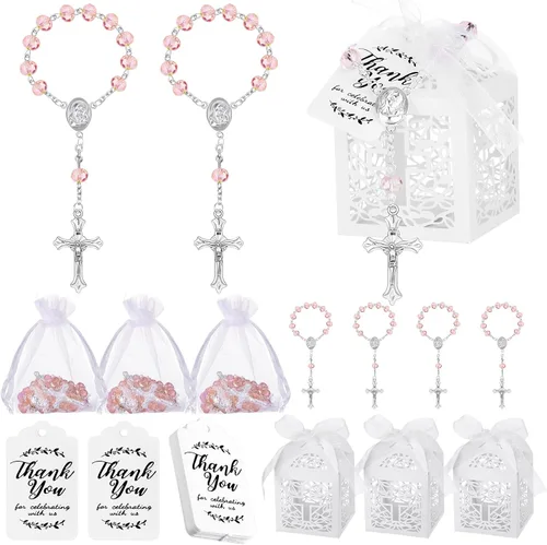 Yinkin Set de 100 piezas para favores de bautizo que incluye 25 mini rosarios para bautizo, 25 bolsas de organza con cordón, 25 etiquetas de papel