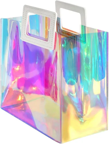 Miniatura 8 de VUOJUR Bolsa de regalo holográfica grande de 12.8 x 11.6 x 5.7 pulgadas, transparente, reutilizable, bolsa de regalo de cumpleaños para mujeres