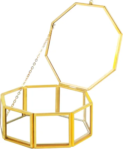 Joyero vintage de cristal, caja organizadora de joyas geométricas doradas, caja con tapa de tocador, decoración del hogar, caja decorativa para