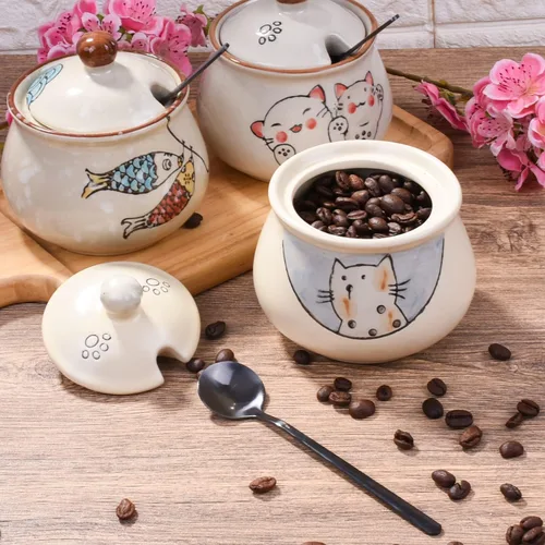 Miniatura 5 de Azucarero de cerámica con tapa y cuchara, azucarero japonés de 11.8 onzas con cuchara y tapa (estilo 1)