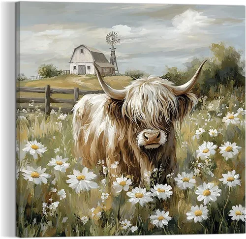 Miniatura 9 de YUEYARIT Decoración de pared de vaca de las tierras altas de granja en verde azulado y marrón: imagen rústica de vaca y diente de león, impresión