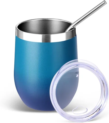 Miniatura 16 de Volhoply - Juego de 12 vasos de vino de 12 onzas con tapa, hechos de acero inoxidable con aislamiento al vacío de doble pared, vasos de vino sin Rosa