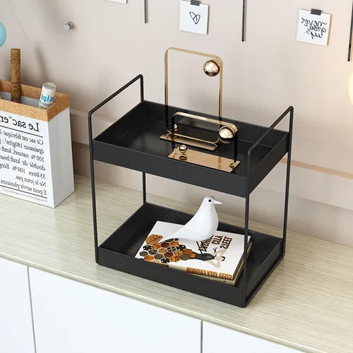 Miniatura 2 de Estantería de 2 niveles para baño, encimera de almacenamiento, organizador de cosméticos, soporte para especias de cocina, color negro.