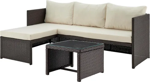 Manhattan Comfort Menton - Juego de muebles de patio de 3 piezas, silla de salón y sofá de 2 plazas con mesa auxiliar, marco de acero envuelto en