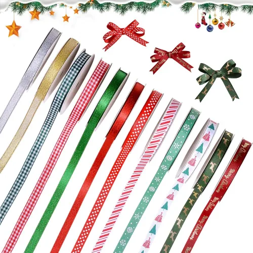 Cinta de Navidad de Ribest de Grogrén 3/8" Juego de Cinta de Navidad para Envolver Regalos, Hacer Lazos, Manualidades, Decoración Festiva
