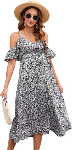 KOJOOIN Vestido de maternidad para mujer, con volantes, manga corta, tirantes delgados, vestido floral, cuello en V, acampanado, vestido de
