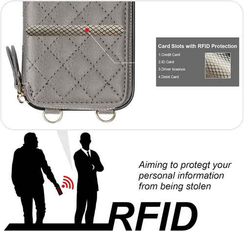 Miniatura 3 de Bocasal Funda tipo cartera cruzada para iPhone 14 Pro, bloqueo RFID, de piel sintética, con cremallera, funda tipo cartera con función atril y Gris
