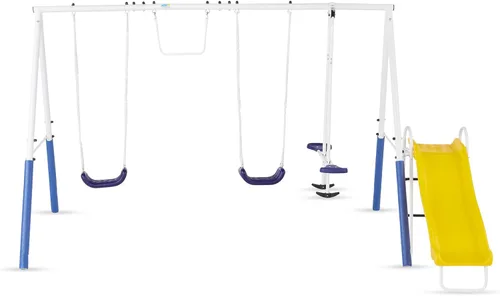 Miniatura 2 de XDP Recreation Blue Ridge - Juego de patio trasero con marco de metal resistente con cubiertas de cadena, deslizador, trapecio, 2 columpios