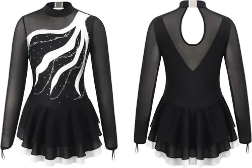Miniatura 27 de Loyan Vestido de patinaje artístico brillante para niñas y niñas, de malla, de manga larga, patinaje sobre ruedas, competición de baile