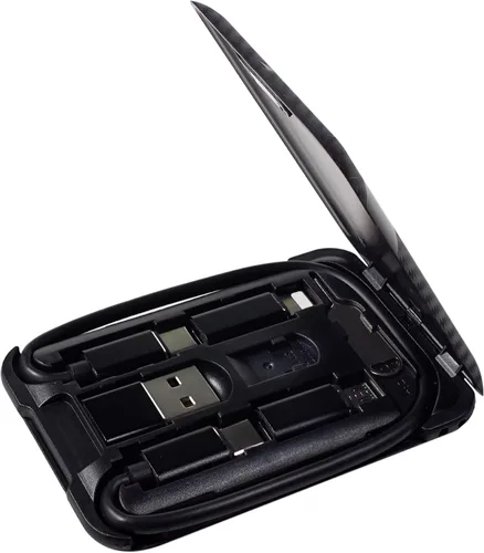 Cable USB tipo C a C de carga y transferencia de datos con 3 adaptadores combinados en estuche de tamaño de tarjeta de crédito, color negro