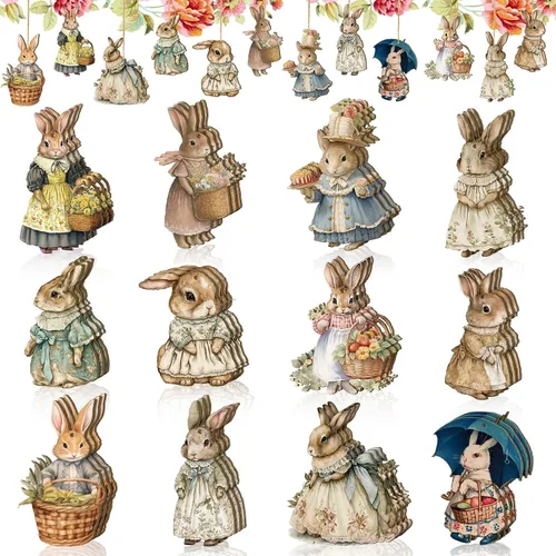 36 piezas de adornos de Pascua para árbol de Pascua, cesta colgante de flores de conejo, decoración colgante de conejito de madera, adornos