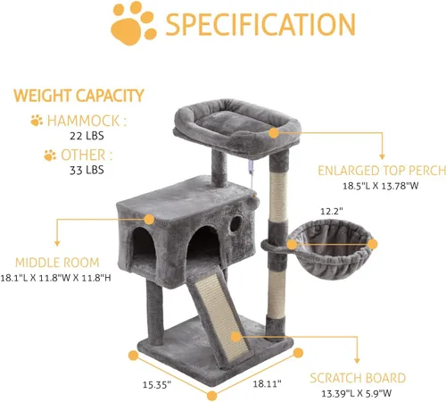 Miniatura 3 de SHA CERLIN Árbol para gatos de 36 pulgadas Torre para Gatos con hamaca, poste rascador de sisal para gatitos de interior, habitación pequeña, gris