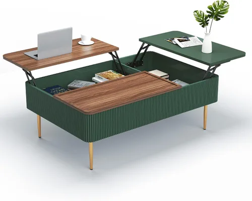 Miniatura 9 de HLR Mesa auxiliar de doble elevación de 47 pulgadas con almacenamiento, moderna mesa de centro de madera acanalada con compartimento oculto, mesa