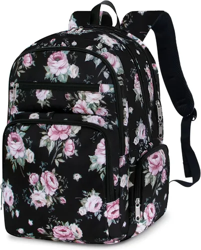 Mochila Grande para Mujeres Mochila con Muchos Bolsillos para Viajes Trabajo Escuela Bolsa de Libros con Compartimento para Laptop, Negro/Rosa