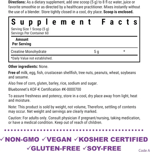 Miniatura 2 de BlueBonnet Nutrition, monohidrato de creatina micronizada, 0.18 oz, soporta masa muscular magra, sin OMG, vegano, certificado Kosher, sin gluten