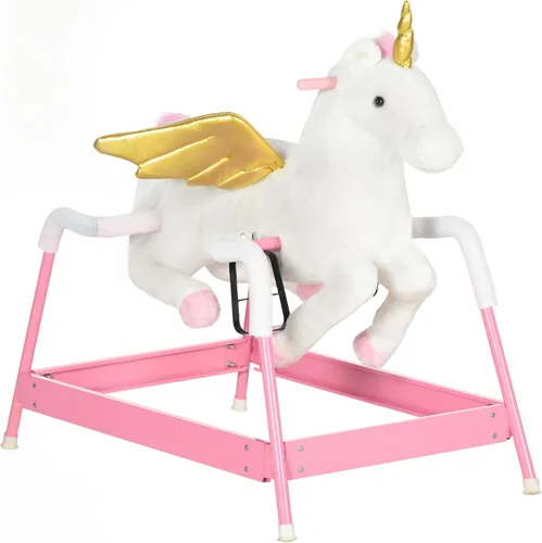 Qaba Unicon de caballo mecedor de primavera para niños y niñas con sonidos, juguete de peluche con sensación suave, juguete interactivo para niños,