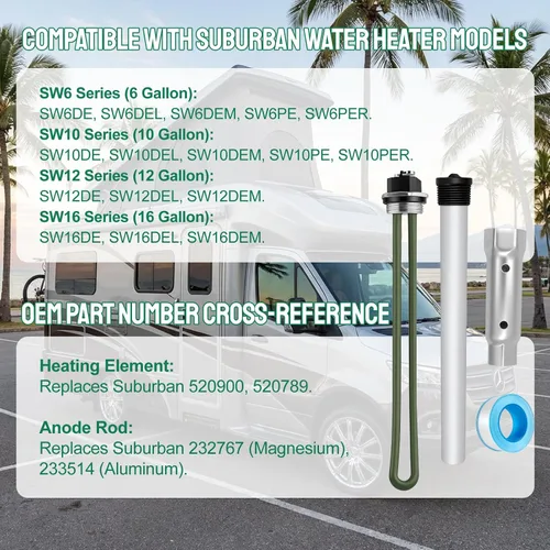 Miniatura 2 de Kit de mantenimiento del calentador de agua RV compatible con la serie Suburban SW: 520900 Elemento calefactor, varilla de ánodo de magnesio