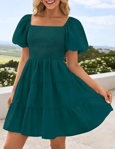 Miniatura 2 de ZESICA Mini vestido corto de verano bohemio 2026 con cuello cuadrado, manga abombada, hombros descubiertos, fruncido, escalonado, casual