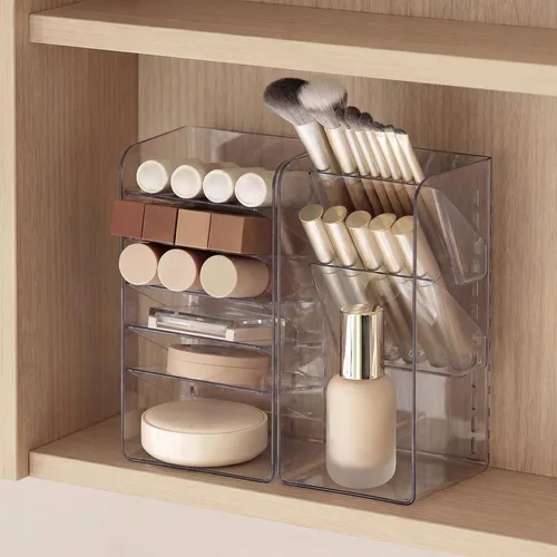 Miniatura 8 de PAVSTINE Organizador de botiquín con divisores ajustables, compartimento de almacenamiento abierto transparente, soporte para brochas de maquillaje