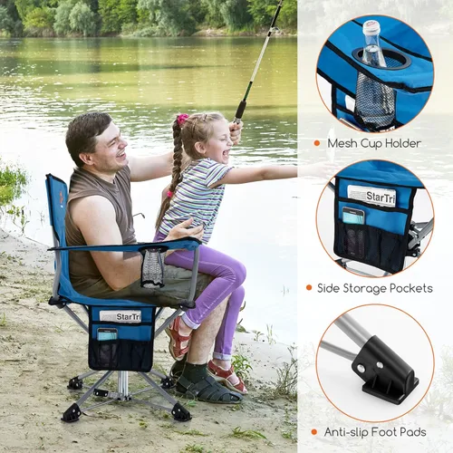 Miniatura 8 de Goplus Silla de caza giratoria de 360°, silla ciega plegable para adultos con portavasos y bolsa de transporte, sillas de camping ligeras y Azul