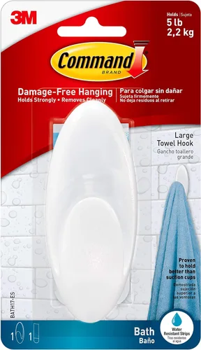 Miniatura 12 de Command Ganchos medianos de baño, capacidad de 3 libras, 2 ganchos, 2 tiras, organizan sin daños Blanco