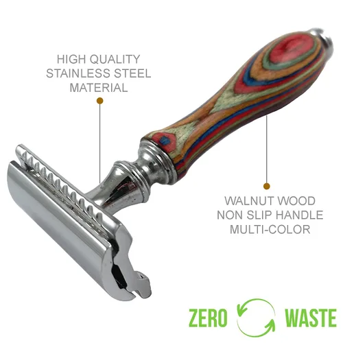 Miniatura 2 de Maquinilla de afeitar de seguridad con mango de madera larga para hombres y mujeres, maquinilla de afeitar manual de doble filo, se adapta a todas