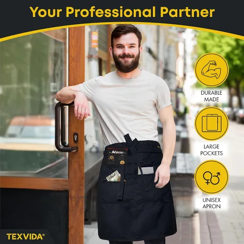 Miniatura 4 de Delantal unisex para servidor bistró con bolsillo con cremallera, grado comercial (negro, 24 x 20 pulgadas)