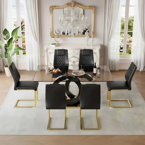 Miniatura 6 de Juego de mesa de comedor de cristal de 63 pulgadas para 6, juego de mesa de comedor moderno para 6, mesa de vidrio templado con patas negras