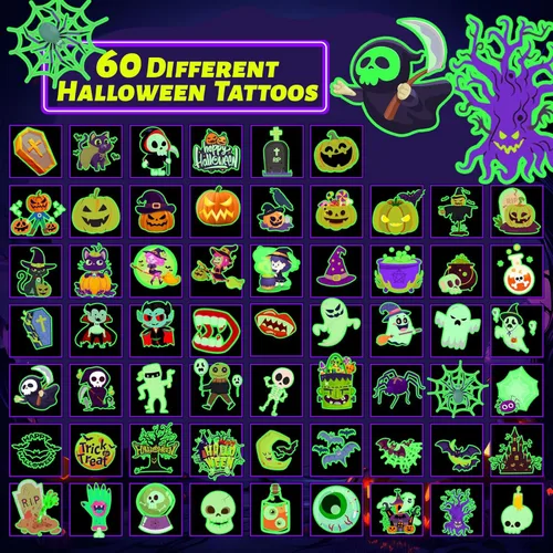 Miniatura 5 de winthrop 240 tatuajes temporales luminosos de Halloween para niños, envueltos individualmente que brillan en la oscuridad, tatuajes de seguridad