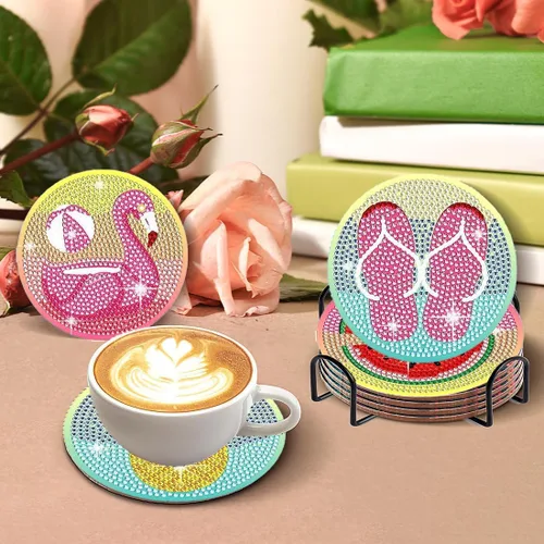 Miniatura 4 de Leatrice Juego de 8 posavasos de diamantes para playa, pequeños kits de pintura de diamantes para adultos, puntos de diamantes redondos