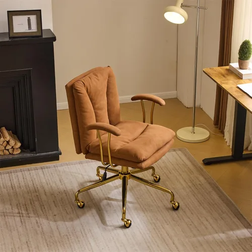 VINGLI Silla de escritorio para oficina en casa, cómoda con ruedas y reposabrazos extraíbles, silla de tocador con base dorada con respaldo, silla