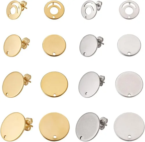 32 aretes de acero inoxidable 201, aretes redondos planos de acero inoxidable de 24 quilates, con pasador de acero inoxidable 304 para aretes