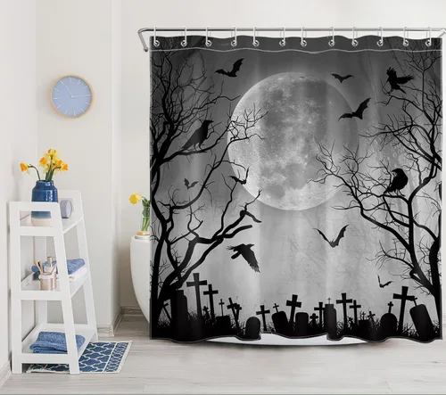 Miniatura 3 de Cortina de ducha de Halloween, cuervo negro, murciélago y árbol muerto en un bosque brumoso espeluznante con ganchos, cortina de baño de noche