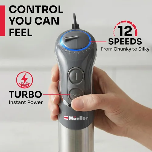 Miniatura 7 de Mueller Multistick - Licuadora de inmersión 5 en 1 de mano, 12 velocidades, mezclador de mano con impulso Turbo, motor de cobre de servicio pesado