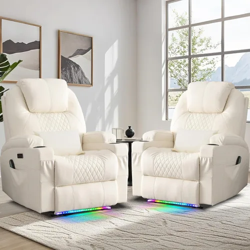 Miniatura 2 de AHMED Silla reclinable eléctrica con masaje por vibración y calor para adultos, asiento de cine en casa de piel sintética con portavasos, luces LED