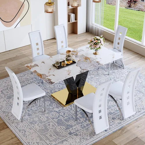 Miniatura 15 de Juego de mesa de comedor de 71 pulgadas para 6, moderno juego de mesa de comedor para 6, mesa de comedor de mármol con 6 sillas de comedor de piel
