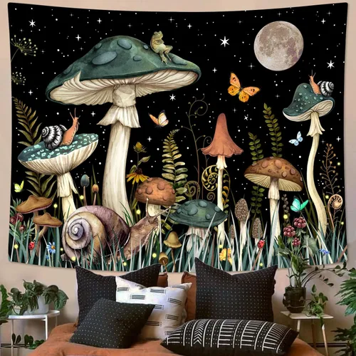 Miniatura 32 de Zussun Tapiz de hongo rojo, tapices de luna y estrella para dormitorio, estética de color beige, noche estrellada, planta verde, tapiz de pared