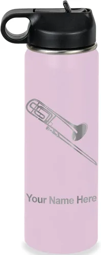 Miniatura 76 de LaserGram Botella de agua personalizada, trombón, acero inoxidable de doble pared aislada al vacío con popote superior, regalo grabado personalizado