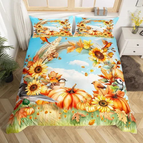 Juego de funda de edredón de Acción de Gracias de tamaño matrimonial, accesorios de girasol, decoraciones de otoño para el hogar, funda de edredón