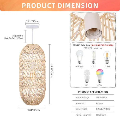 Miniatura 5 de Arturesthome Lámpara colgante de 1 luz de ratán natural, pantalla de lámpara colgante tejida, lámpara de techo colgante, lámpara colgante hecha a