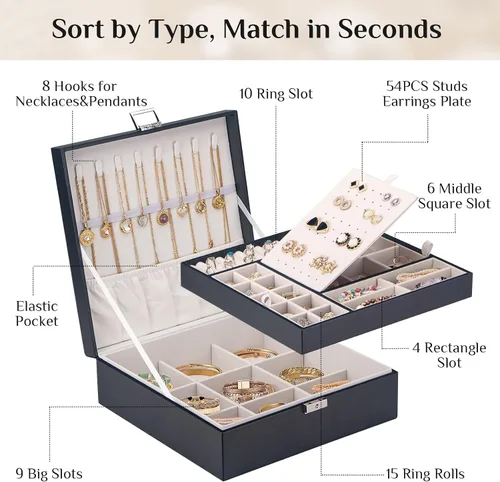 Miniatura 3 de Joyero con cerradura cajas de joyería grandes para mujeres y niñas regalo ideal organizador de joyas de doble capa joyero para almacenar aretes