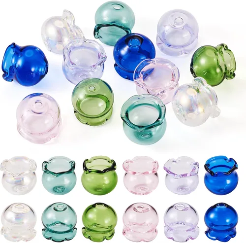 Miniatura 34 de FASHEWELRY 10 piezas Tapas de Flores de Vidrio Hechas a Mano Cuentas Florales de Cristal Transparentes en Forma de Trompeta Espaciadores de Flores a